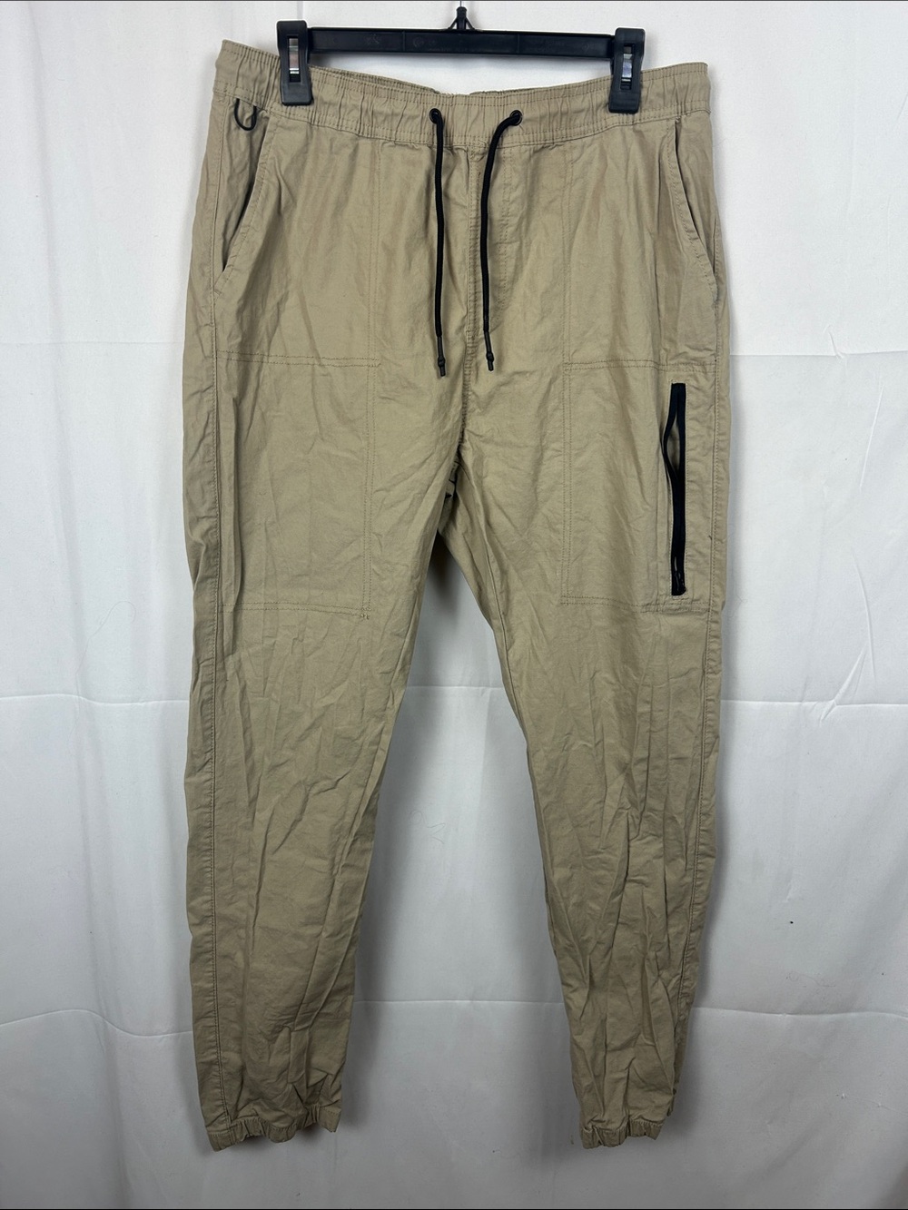Men's Lightweight Drawstring Joggers in Beige with Zipper Pocket